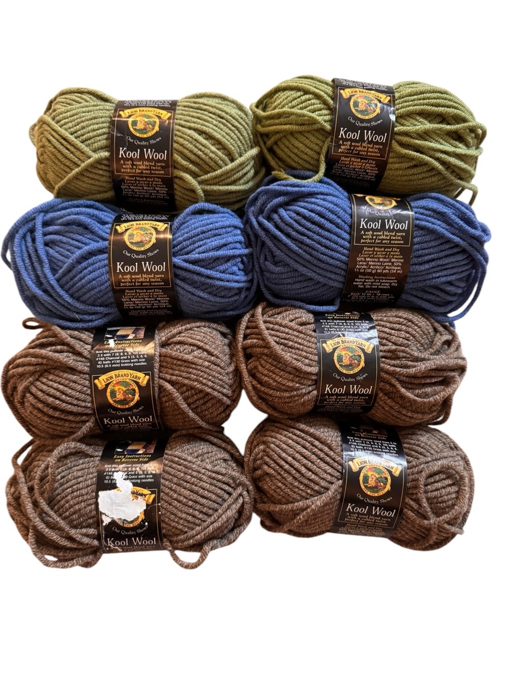 Lion Brand Kool Wool Merino Blend 8 Skeins Yarn Brown Green Blue 480 Yds Italy
